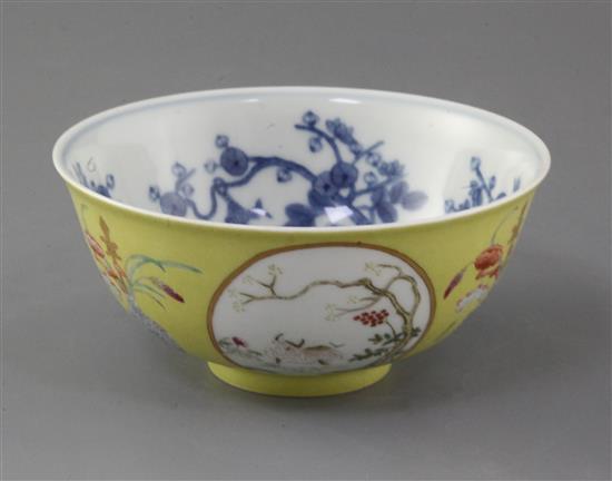 A Chinese yellow ground medallion bowl, Guangxu mark and of the period (1875-1908), d. 15cm